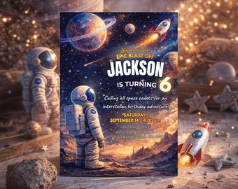 May include: A space-themed birthday party invitation featuring an astronaut, planets, and a rocket ship. The text reads "Join us for an EPIC BLAST OFF JACKSON IS TURNING 6". The invitation is set against a starry background.