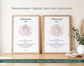 Patenurkunde Patentante Patenonkel personalisiert, Taufgeschenk, Patenbrief DIN A4, Geschenk Taufe Mädchen Junge, Download Ausdrucken
