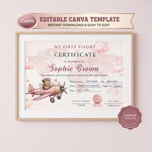 Può includere: Certificato incorniciato con un'illustrazione di aereo rosa e oro, assegnato a Sophie Brown per il suo primo volo. Il certificato include il testo "My First Flight Certificate" e "Editable Canva Template".
