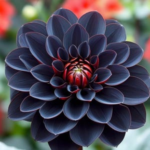 May include: A dahlia flower with symmetrical, dark purple to black petals arranged in a dense, layered pattern. The center of the bloom reveals tightly packed, smaller petals with deep red and orange tones, creating a striking contrast.