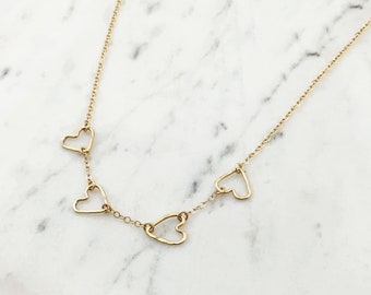 Gold Filled Heart Necklace, Open Heart Choker, 14kt Gold Sideways Hearts, One Two Three Four Five Heart Charms