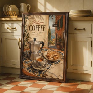 Op de afbeelding: Een ingelijste kunstdruk met de tekst Italian COFFEE LA DOLCE PAUSA, een zilveren mokkapot, een kopje espresso op een schoteltje met een lepeltje en een bordje biscotti op een blauw-wit patroontafel, tegen een mediterrane straatscène.