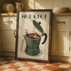 Könnte beinhalten: Ein gerahmter, rechteckiger Wandkunstdruck mit einer Illustration einer grünen Mokkakanne und dem Text MOKA POT oben. In der offenen Kanne schwimmt eine Figur in dunklem Kaffee. Eine kleine Leiter ist an der Seite der Kaffeemaschine befestigt.