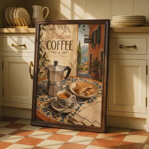 Poster sul caffè italiano, quadro con caffettiera moka, stampa vintage da bar, decorazione per la cucina.