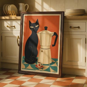 Lámina decorativa de pared con diseño de gato negro y cafetera moka, póster retro de espresso, lámina de decoración para el hogar de mediados de siglo.