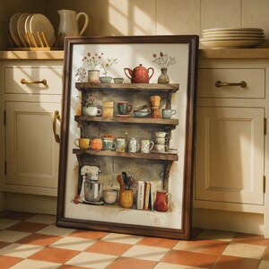 May include: A framed watercolour print depicting a three-tiered wooden shelf filled with kitchenware, including a red teapot, various ceramic mugs, a stand mixer, wooden spoons in a yellow crock, and two books, all set against a neutral background.