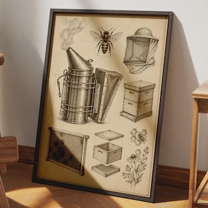 Puede incluir: Una lámina enmarcada sobre papel envejecido con ilustraciones técnicas detalladas de equipo de apicultura, incluyendo un ahumador, un velo protector, una colmena, un marco de panal y una abeja sobre una flor, todo en estilo de boceto marrón.