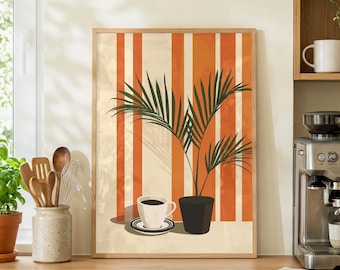May include: A framed art print featuring a stylized illustration of a potted plant and a cup of coffee. The background has vertical orange and cream stripes. The plant has green fronds, and the coffee cup is white.