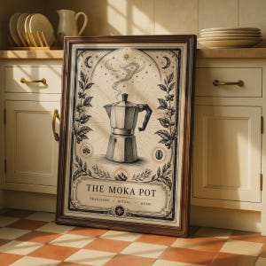 May include: A framed wall art print featuring a central illustration of a moka pot with rising steam, surrounded by coffee plant branches, stars, and moons. The text reads THE MOKA POT, TRADITION, RITUAL, HOME. The design uses black ink on a cream background.