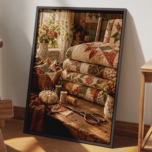 May include: A framed wall art print depicting a stack of four folded patchwork quilts in earth tones, a wicker basket filled with fabric scraps, a floral pincushion, two wooden thread spools, metal scissors, and two ceramic vases with flowers.
