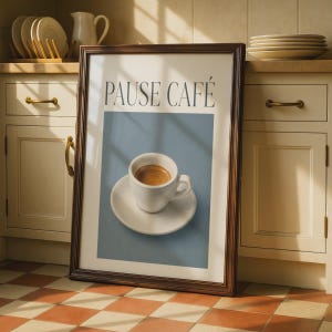 Pause Cafe Espresso Cup Wall Art, French Coffee Poster, Blue Kitchen Print