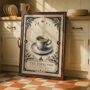 May include: A framed wall art print featuring a detailed illustration of an espresso cup on a saucer. The artwork includes celestial motifs, coffee leaves, and the text THE ESPRESSO STRENGTH FOCUS AWAKENING in a decorative border design.