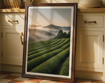 Tea Plantation Sunrise Wall Art, Green Tea Field Poster, Misty Mountain Print, Home Decor