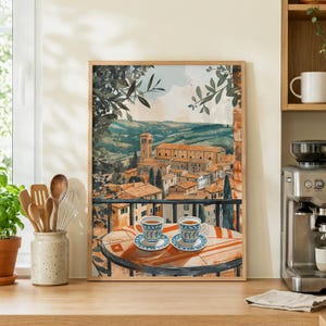 Tuscany Balcony Wall Art – Italian Village Coffee Poster, Rustic Countryside Travel Kitchen Decor