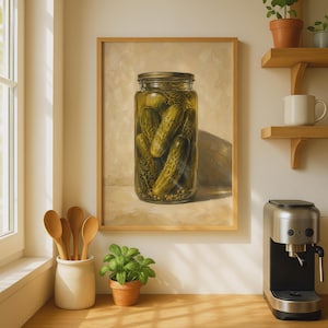 Könnte beinhalten: Ein gerahmter Wandkunstdruck mit einem realistischen Gemälde eines Glasgefäßes, das mit grünen Gewürzgurken in Lake gefüllt ist. Das Glas ist mit einem Metalldeckel und sichtbaren Dillzweigen vor einem neutralen, strukturierten Hintergrund dargestellt.