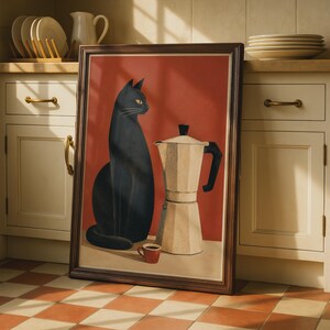 Póster de gato negro con cafetera moka, póster retro de gato, lámina para cocina, regalo de decoración para el hogar.
