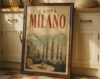 Caffe Milano Italy Coffee Poster, Vintage Italian Travel Wall Art Print, Milan Cathedral