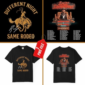 Peut inclure: T-shirts noirs avec des motifs sur le thème du rodéo. L'un des t-shirts présente un cow-boy à cheval avec le texte "Different Night, Same Rodeo". L'autre affiche un graphisme de concert avec des dates de tournée et le texte "Bailey Zimmerman."