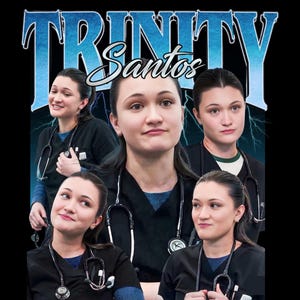 Könnte beinhalten: Ein Grafikdesign mit dem Namen "TRINITY" in blauem, stilisiertem Text über dem Namen "Santos" in Schreibschrift. Das Design enthält mehrere Bilder einer Person mit Stethoskop und medizinischer Kleidung, vor schwarzem Hintergrund.