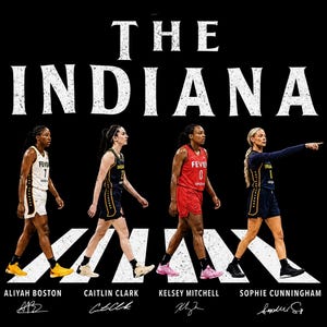 May include: A graphic print featuring four basketball players walking across a white crosswalk against a black background. The text THE INDIANA appears at the top. Below each player are their names: Aliyah Boston, Caitlin Clark, Kelsey Mitchell, and Sophie Cunningham, accompanied by their respective signatures.