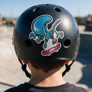 May include: A matte black protective helmet featuring a sticker of a blue alien creature performing a skateboard trick. The sticker includes a pink skateboard with the text ALIEN HARDFLIP printed in white letters on the deck surface.