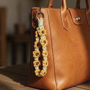 Peut inclure: Un porte-clés en macramé fait à la main avec des accents de tournesol jaunes et une base vert clair, attaché à un sac fourre-tout en cuir marron. Le porte-clés est fait de cordon noué et présente de petits motifs de fleurs.