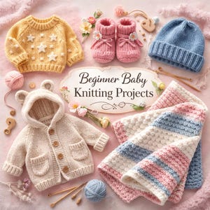 May include: A collection of baby knitting projects, including a yellow sweater with star accents, pink booties, a blue beanie, and a cream-colored hooded jacket. The image also features a knitted blanket with pink and blue stripes, yarn, and knitting needles. The text reads "Beginner Baby Knitting Projects."