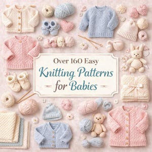 May include: A selection of baby knitting patterns, showcasing knitted garments in soft pastel shades. The image includes sweaters, hats, booties, and a blanket, alongside balls of yarn and the text "Over 160 Easy Knitting Patterns for Babies."