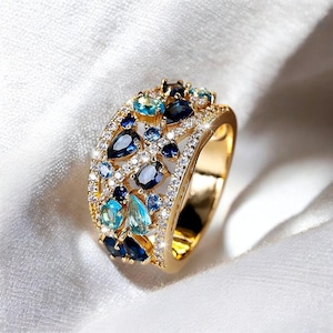 Tropfen Cluster Ring Gold - Geometrisches Zirkonia Statement Band, Einzigartiger Verlobungsring für Damen