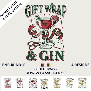May include: A digital graphic design featuring a cocktail glass filled with red liquid, garnished with a citrus slice and a sprig. The text reads GIFT WRAP & GIN, accompanied by a ribbon, scissors, and a blank gift tag in red and green.