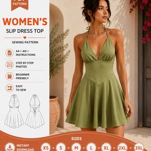 Könnte beinhalten: Ein digitales PDF-Schnittmuster für ein Slip-Dress-Oberteil. Das Dokument enthält den Text "PDF PATTERN", "WOMEN'S SLIP DRESS TOP" und "SEWING PATTERN". Es umfasst technische Strichzeichnungen der Vorder- und Rückseite des Kleides sowie Größensymbole.
