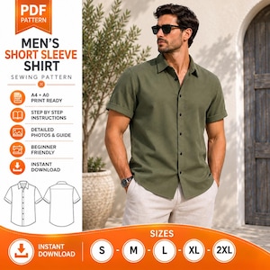 May include: A digital sewing pattern for a short sleeve button-down shirt. The graphic includes text reading PDF PATTERN, MEN'S SHORT SLEEVE SHIRT, SEWING PATTERN, A4 + A0 PRINT READY, STEP BY STEP INSTRUCTIONS, DETAILED PHOTOS & GUIDE, BEGINNER FRIENDLY, INSTANT DOWNLOAD, and S, M, L, XL, 2XL sizes.