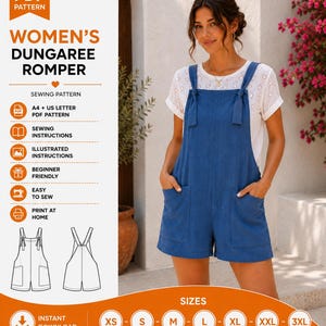 May include: A blue dungaree romper sewing pattern featuring a square neckline, shoulder straps with tie closures, and two front patch pockets. The digital PDF includes sewing instructions, illustrated guides, and size options from XS to 3XL.