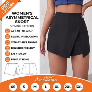 Puede incluir: Un patrón de costura para falda pantalón asimétrica negra en formato PDF. El texto incluye "WOMEN'S ASYMMETRICAL SKORT SEWING PATTERN," "A4 + A0 + US Letter," "SEWING INSTRUCTIONS," "STEP-BY-STEP PHOTOS," "BEGINNER FRIENDLY," "EASY TO SEW," y "PRINT AT HOME."