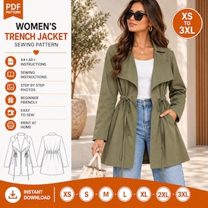 Op de afbeelding: Een digitaal PDF-naaipatroon voor een trenchcoat, met tekstlabels voor de maten XS tot 3XL, A4- en A0-formaten en stapsgewijze instructies. De afbeelding bevat een lijntekening van de jas en een foto van het afgewerkte olijfgroene kledingstuk.
