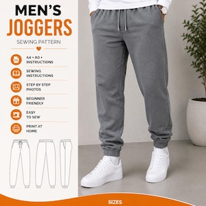 May include: A digital sewing pattern for joggers featuring text that reads PDF PATTERN MEN'S JOGGERS SEWING PATTERN, A4 + A0 INSTRUCTIONS, SEWING INSTRUCTIONS, STEP BY STEP PHOTOS, BEGINNER FRIENDLY, EASY TO SEW, PRINT AT HOME, INSTANT DOWNLOAD.