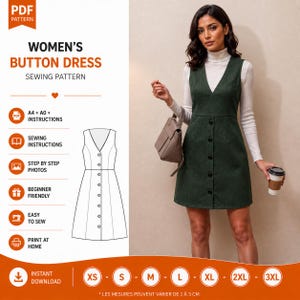 Könnte beinhalten: Ein PDF-Schnittmuster für ein Knopfkleid mit V-Ausschnitt, ärmellosem Oberteil und durchgehender Knopfleiste vorne. Die digitale Datei enthält A4- und A0-Formate, eine bebilderte Schritt-für-Schritt-Anleitung und ist in den Größen XS bis 3XL erhältlich.