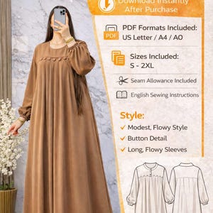 May include: A long, flowing brown dress with long sleeves and button details. The image includes text that reads "WOMEN'S MODEST DRESS" and "PDF Digital Download". The dress is available in sizes S-2XL.