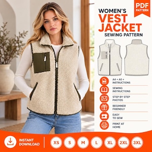 May include: A beige sherpa fleece vest jacket with a dark olive green chest pocket and zipper closure. The image includes a digital sewing pattern guide with technical illustrations, text labels for A4 and A0 formats, and size icons from XS to 3XL.