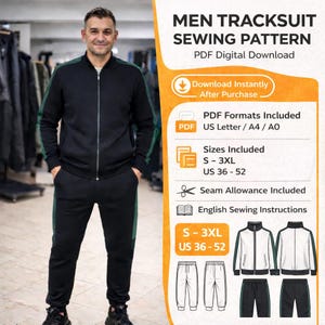 May include: Black tracksuit with green stripes, worn by a person. The image includes text: "MEN TRACKSUIT SEWING PATTERN PDF Digital Download." The pattern includes sizes S-3XL, US 36-52, and English sewing instructions.