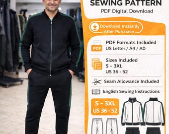 Men’s Tracksuit Sewing Pattern PDF – Zip Jacket & Jogger Pants – Digital Download – A4 A0 US Letter – S-3XL