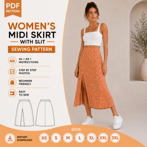 May include: A digital sewing pattern for a midi skirt with a front slit, featuring a white tank top and an orange skirt with a small white floral print. The text includes PDF PATTERN, WOMEN'S MIDI SKIRT WITH SLIT, SEWING PATTERN, and size options XS-3XL.