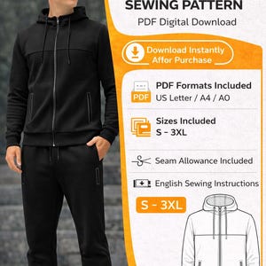 Patrón de chándal para hombre (PDF), sudadera con cremallera y pantalón deportivo, sudadera con capucha, descarga digital, tallas S-3XL, tamaño A4, A0, tamaño carta (EE. UU.)