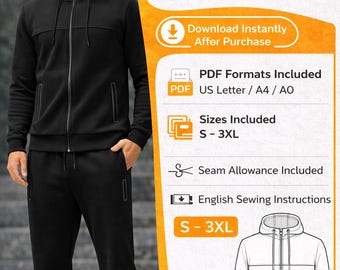 Mens Tracksuit Sewing Pattern PDF, Zip Hoodie + Jogger Pants Pattern, Men Hoodie Pattern, Digital Download, S-3XL, A4 A0 US Letter