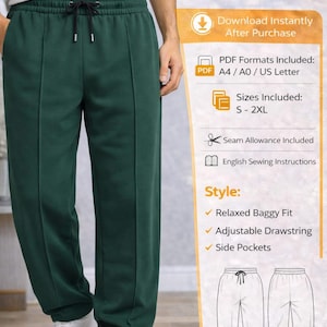 Puede incluir: Pantalones de chándal holgados de color verde oscuro con cintura con cordón y bolsillos laterales. La imagen incluye el texto "MEN'S BAGGY SWEATPANTS PDF Digital Download" y "Tallas incluidas: S - 2XL".