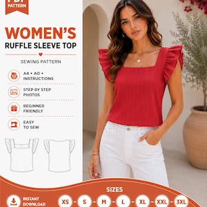 以下が含まれることがあります： 赤いラッフルスリーブトップのデジタル縫製パターン。画像には、WOMEN'S RUFFLE SLEEVE TOP、SEWING PATTERN、A4 + A0 + INSTRUCTIONS、STEP BY STEP PHOTOS、BEGINNER FRIENDLY、EASY TO SEW、SIZES XSから3XLまでのテキストが表示されています。