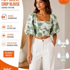Puffärmad cropblus sömnadsmönster PDF, Mönster för topp med fyrkantig halsringning, Mjölkpigablus, Sommartopp för kvinnor, Lager på lager PDF, XS-3XL