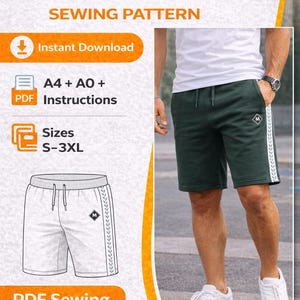 Könnte beinhalten: Dunkelgrüne Sporthosen mit weißem Seitenstreifen und kleinem Logo. Das Bild zeigt auch ein Schnittmuster für Sporthosen mit dem Text "MEN'S ATHLETIC SHORTS SEWING PATTERN". Das Muster beinhaltet die Größen S-3XL und ist ein Sofort-Download.