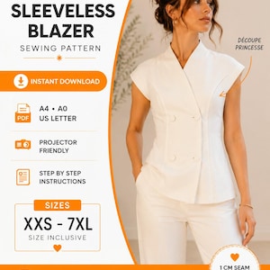 Women's Sleeveless Blazer Sewing Pattern | Vest Blazer PDF Pattern | Princess Seam Blazer | Sizes XXS-7XL | Instant Download