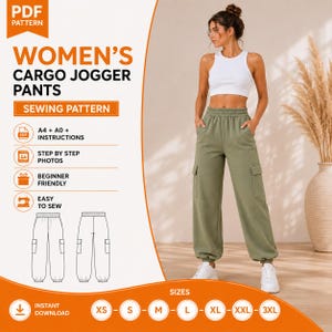 May include: A digital sewing pattern for cargo jogger pants, featuring text that reads PDF PATTERN, WOMEN'S CARGO JOGGER PANTS, SEWING PATTERN, A4 + A0 + INSTRUCTIONS, STEP BY STEP PHOTOS, BEGINNER FRIENDLY, EASY TO SEW, and INSTANT DOWNLOAD.